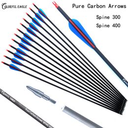 Pure Carbon Arrow 28" 30" 31" Length Spine 300 400 with Replaceable Arrowhead for Compound Recurve Bow Arrows Archery Hunting Shooting