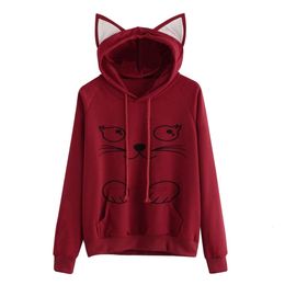 Fashion- Cat Print Felpe con cappuccio da donna Cat Ear Regular Felpa con cappuccio da cartone animato Kawaii Lovely Ladies Pullover a maniche lunghe Top Harajuku Mujer