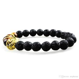 SN0640 Man Classic Black Bracelet Lava rock stretch bracelet with gold lion head charms bracelets