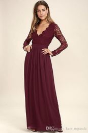 Burgundy Chiffon Bridesmaid Dresses Long Sleeves Western Country Style V Neck-Backless Long Beach Lace Top Wedding Prom Dresses Cheap