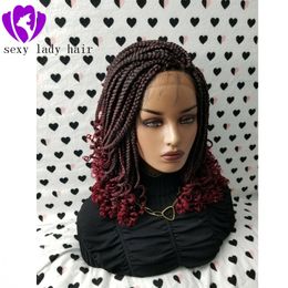 Handmade 14inch Box Braid Braided Lace Front Wig With Curly Ends Color 1b Burgundy Red Ombre color short braiding hair wigs for black women