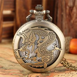 Classic China Style Vintage Pocket Watch Carved Zodiac Dragon Analog Quartz Watches with Chain Necklace for Men Women Birthday Gift