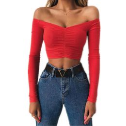 Women T -Shirts Sexy and Club Fashion Female T -Shirt Long Sleeve Off Shoulder Solid Colour Lady Tshirt Autumn Basic Tees Size S-L
