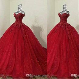 Sequins Dark Red Quinceanera Dresses Off Shoulder Lace Appliques Tulle Sequined Ball Gown Sweet 16 Long Formal Party Dress Prom Evening Gown