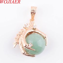 WOJIAER Natural Green Aventurine Stone Bead Dragon Claw Gold Pendant & Necklace Round Gem Jewelry N3101