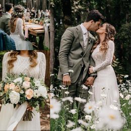 Summer Bohemian A Line Wedding Dresses Elegant Backless Long Sleeve Lace Countryside Boho Bridal Gowns Wedding Dress BC1704