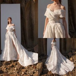 Plus Size Off Shoulder Wedding Dresses Illusion Print High Split Court Train Bridal Gowns Beach Bohemian Summer Dress