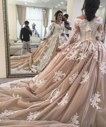 Luxury Ball Gown Wedding Dresses v neck Saudi Arabic Off The Shoulder Lace Long Sleeves Bridal Gowns Lace Up Court Train Wedding Vestidos