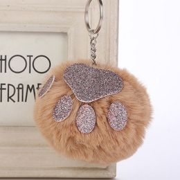 10CM 7 Colours Bear Paw Fur Ball Key Chain Cute Cream Black Pompom Fur Keychain Women Car Bag Key Ring gift