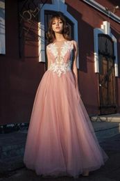 2020 New A line Bateau Pink Tulle Long Prom Dresses Applique Formal Gowns Red Carpet Celebrity Elie Saab Dresses Evening Gowns