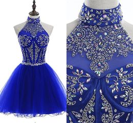 2019 Royal Blue High Neck Short Homecoming Dresses Rhinestones Beaded Backless Cocktail Party Evening Gowns Cheap Prom Dress Pageant Gown