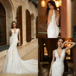 2020 Hot Sell Mermaid Wedding Dresses Jewel Sleeveless Appliqued Lace Tulle Bridal Dress Ruffle Court Train Custom Made Robes De Mariée