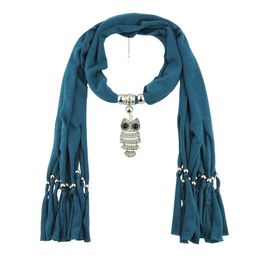 Wholesale New Women Fashion Owl Pendant Scarf Soild Colour Necklace Scarf Tassel Wrap Scarf for Ladies National Scarfs Women Accessories