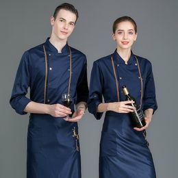 Giacca da Cuoco Unisex Blu Uniforme Maniche Lunghe Cappotto Uniforme da Ristorante Grembiule Bianco Pliester Cucina Estiva Camicie da Cuoco da Uomo da Donna