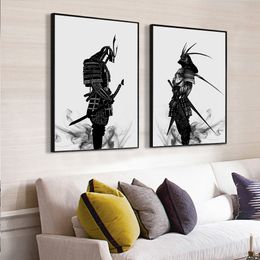 oriental decor UK - Oriental Japanese Samurai Splatter Art Painting Black & White Japanese Warrior Canvas Poster Wall Mural for Living Room Home Decor