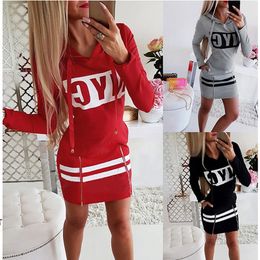 Casual Dresses Autumn Winter Sexy Letter Printed Mini Hoodies Dress Fashion Zipper Split Long Sleeve Package Hip Slim Ladies