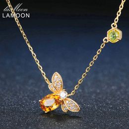 LAMOON Bee 925 Sterling Silver Necklace Natural Citrine Gemstone Necklaces 14K Real Gold Plated Chain Pendant Jewellery LMNI015 CX200609
