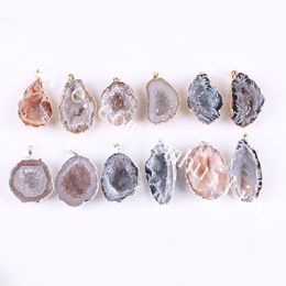 10Pcs 25-40mm Mixed Random Natural Colour Druzy Cave Pendant Charm Irregular Genuine Raw Drusy Geode Stone Pendant Gold/Silver Plated Edge