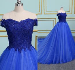 Royal Blue Off Shoulder Dresses Evening Wear Lace Beaded Crystal Ruched Tulle Skirt Prom Dress Long Vestidos De Novia Robes Formal Gowns