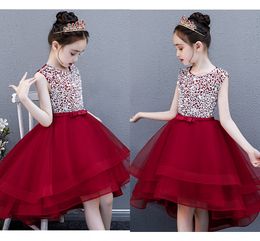 Burgundy Beaded High Lo Pageant Dresses For Little Girls Cap Sleeve Jewel Bow Tulle Party Graduation Dress Kids Toddler First Communion Gown