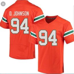 Men Lady and Youth orange MIAMI HURRICANES #94 DWAYNE JOHNSON real Full embroidery Jersey Size S-4XL or custom any name or number jersey