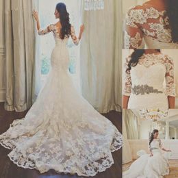 Vintage Mermaid Wedding dresses Plus Size Three Quarter Sleeve Lace Bridal Gown with crystal belt Robe de mariage Vestidos de novia