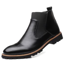 Men Boots Slip-on Waterproof Ankle Boots Men Brogue Fashion Boots Microfiber Leather shoes