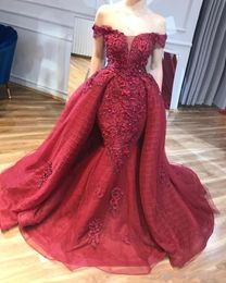 2019 Arrival Dark Red Mermaid Prom Dresses Arabic Off Shoulder Cap Sleeves Lace Appliques Overskirts Open Back Sexy Party Evening Gowns