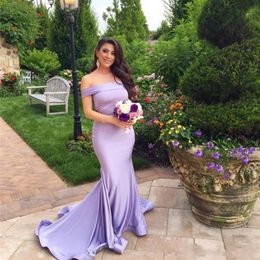 Fashion Lavender Mermaid Bridesmaid Dresses Off The Shoulder Neck Country Maid Of Honour Gowns Sweep Train Satin Wedding Guest Dress