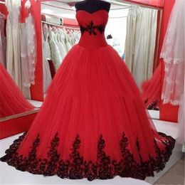 Modern Red And Black Applique Wedding Dresses Ball Gown Sweetheart Tulle Open Back Real Photos Lace Applique Wedding Bridal Gowns