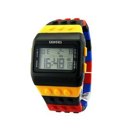 Fashion Men Women Digital Watch Colourful Building Blocks Design Silicone Band Quartz Wrist Watch Military Sport Watches montre238w