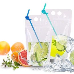 100pcs Hot Clear Drink Pouches Bags frosted Zipper Stand-up Plastic Drinking Bag with straw with holder Reclosable Heat-Proof FY4061