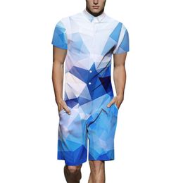 Summer Mens New Design Romper 3D Blue White Gradient Lattice Print Playsuit Male Short Sleeve Beach Sets Casual Jumpsuit US Size