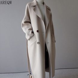 Office Lady Solid Womens Long Coats 2018 Winter Wide-waisted Wool Blend Coat and Jacket Turn-down Collar Ladies Coats