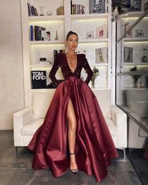 Glamourous Deep V-neck Evening Long Formal Dresses With High Slit Long Sleeve Unique Expensive Sequins Satin Prom Dress With Pocket Long