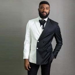 Fashionable White and Black Stitching Wedding Tuxedos Double Breasted Two Pieces Mens Business Prom Jacket and Pants