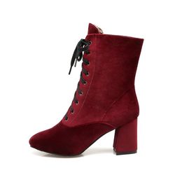 Hot Sale-Fashion Autumn Winter Round Toe Square Heels Women Pumps Ankle Boots Retro Velvet Lace Up Casual High Heels Shoes Large Size