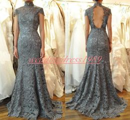 Charming High Neck Mermaid Evening Dresses Lace African Hollow Back Special Occasion Prom Dress Party Formal Plus Size Pageant Gowns Cheap