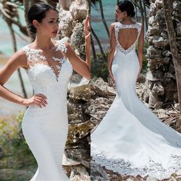 Attractive Sequined Mermaid Backless Wedding Dresses Sheer Bateau Neck Lace Appliqued Bridal Gowns Trumpet Plus Size robe de mariée