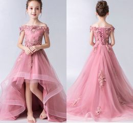 Lace Embroidery Flowers Girl Dresses 2022 Boat Neckline Hand Made Flowers High Low Ruffle Girls Pageant Dress Prom Party Evening Gowns Kids