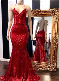 2019 Spaghetti Strips Mermaid Slim Bling Bling Prom Dresses Sweep Train Criss Cross Back Sequins Long Evening Party Gowns Lace Appliques