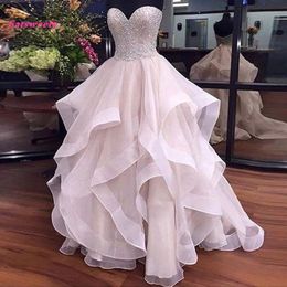 Pretty Pearl Pink Ruffles Wedding Dresses Sparkle Beaded Lace Bridal Gowns Off Shoulder Lace Up Plus Size Robe De Mariee 2023