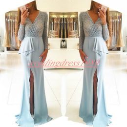 Sexy Beads Sheath V-Neck Evening Dresses Long Sleeve Split Arabia Vestidos De Festa Long Party Dress Prom Formal Pageant Celebrity Gowns