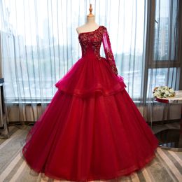 2018 New Sexy Red One Sleeve Appliques Beading Ball Gown Quinceanera Dresses Crystal Sweet 16 Dresses Debutante 15 Year Party Dress BQ100