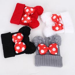 baby Pom Pom Beanie Cap Toddler Kids Baby Girls Winter Warm Crochet Knit Hat Bow Fur bow hat 2-5 years JXW588