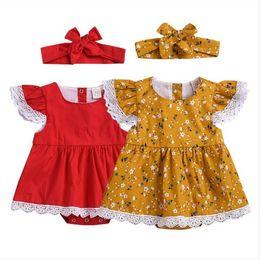 Girls Designer Clothes Kids Floral Printed Lace Clothing Sets Baby Dresses Jumpsuit Headband Suit Child Summer Fly Sleeve Bodysuit CYP448