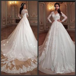 Elegant Organza A Line Wedding Dresses V Neck Lace Appliques Illusion Long Sleeves Bridal Gowns Sweep Train Tulle Formal Wedding Gowns