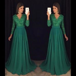 Spring Chiffon Emerald Green Long Sleeves A Line Plus Size Prom Dresses Deep V Neck Beaded Pearls Formal Evening Gowns Custom Made SD3410