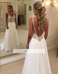 cheap Elegant A Line Beach Wedding Dresses 2019 Lace Applique bodice ruched sheer V Neck Backless Chiffon Bridal Gowns Cheap Custom Made