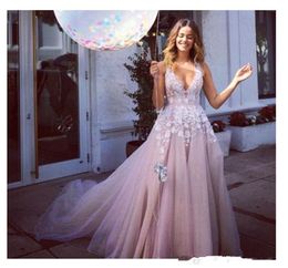 Elegant Prom Dresses Sexy V-neck Evening Party Dresses Long 3D Flowers Light Pink Formal Appliques Custom Made Evening Gowns 106